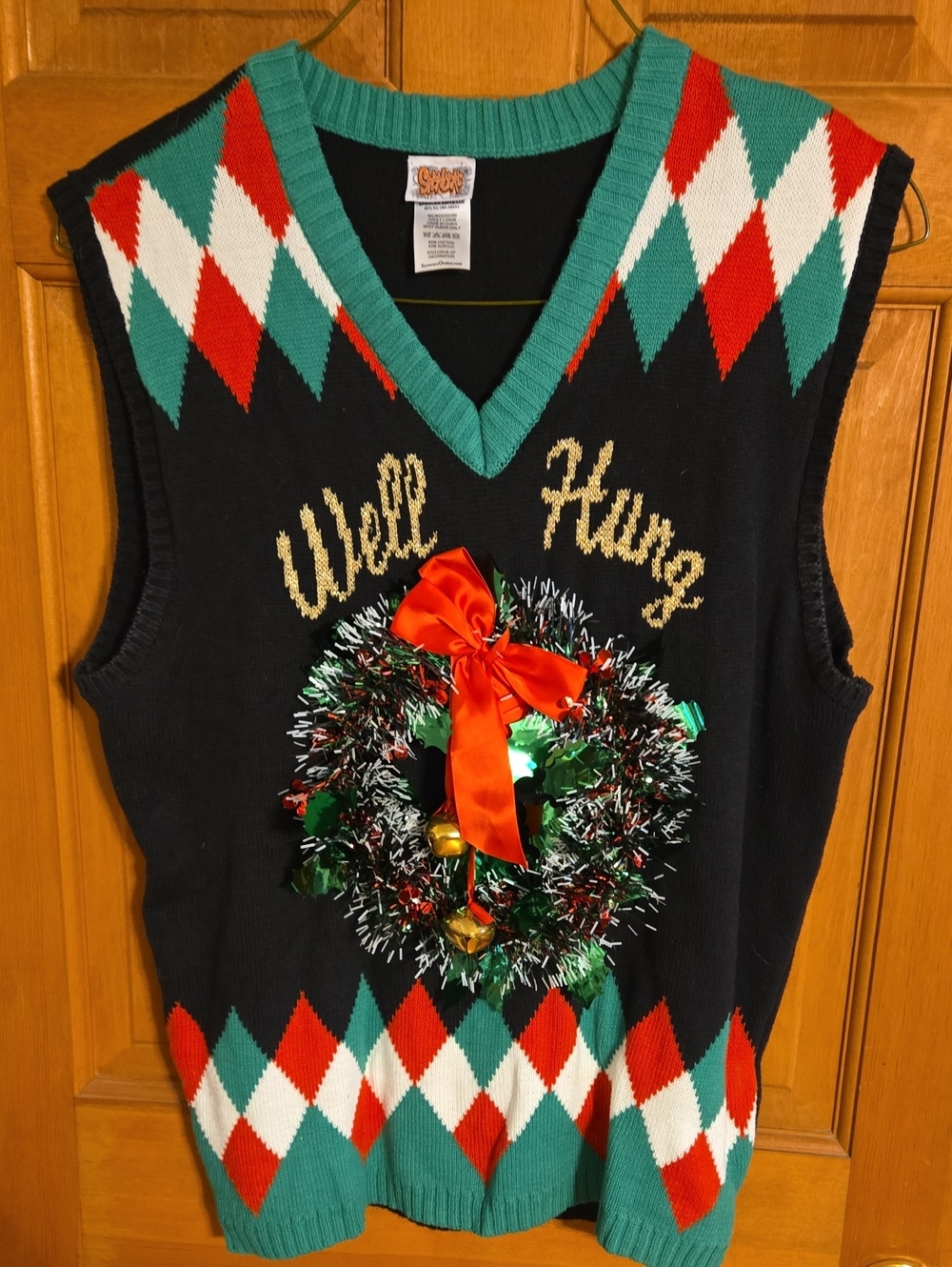 Spencer's Black Holiday Sweater Vest with Red, Green & White Accents Size Large